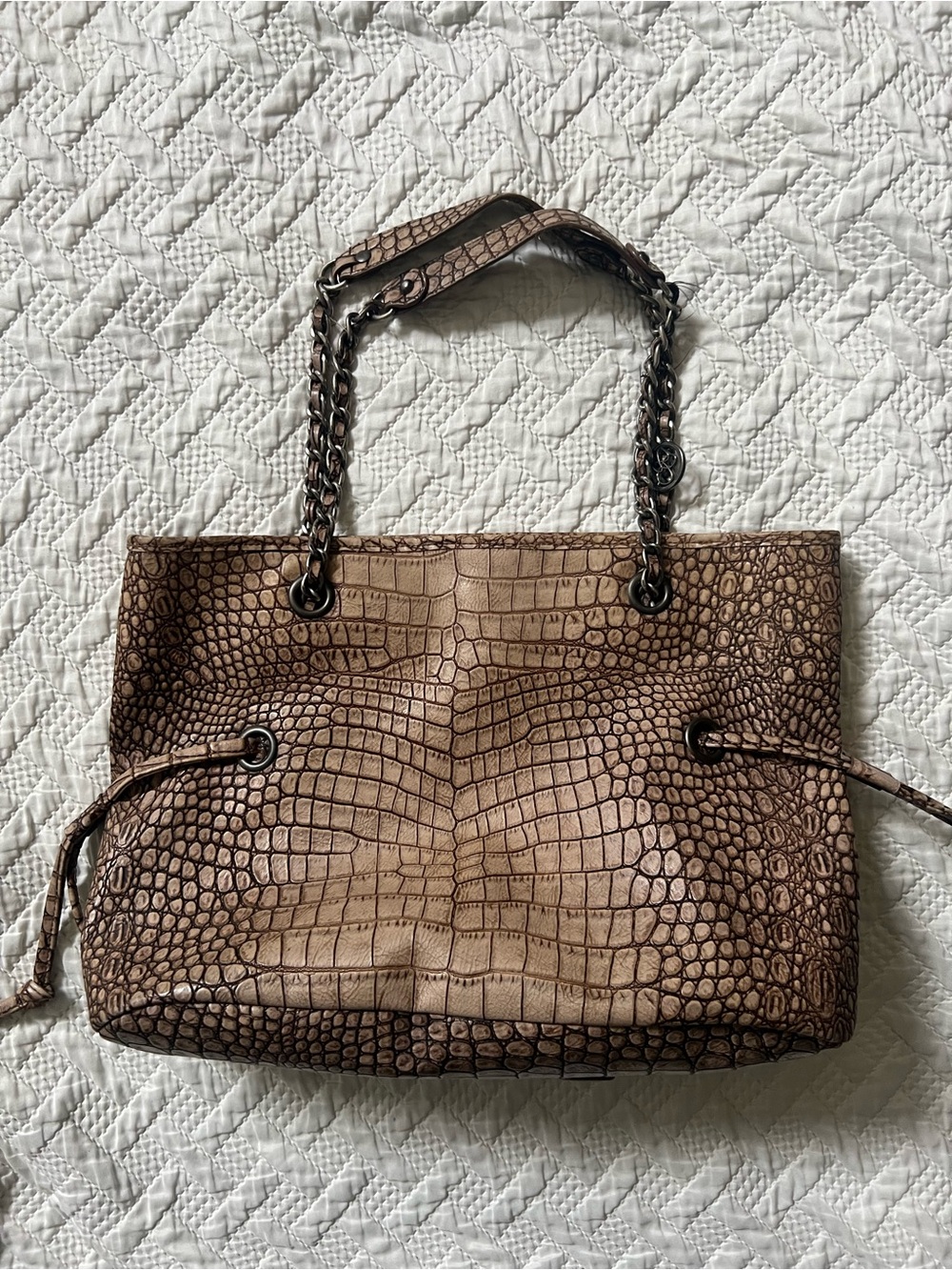 Jessica Simpson Brown Croc-Embossed Tote Bag with Chain Handles